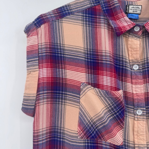 Kavu Top Women Medium Pink Tan Button Up Sleeveless Plaid Western Outdoor Farm - Picture 4 of 10